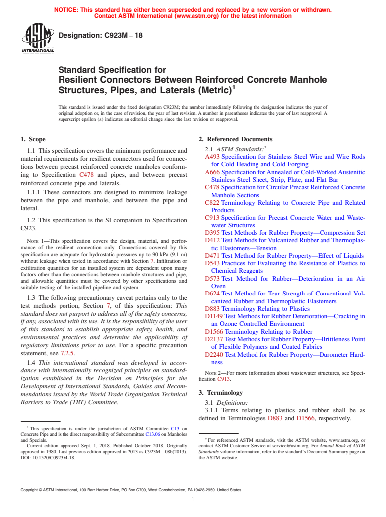 ASTM C923M-18 - Standard Specification for  Resilient Connectors Between Reinforced Concrete Manhole Structures,  Pipes, and Laterals (Metric) (Withdrawn 2020)