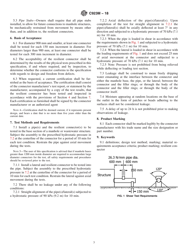 ASTM C923M-18 - Standard Specification for  Resilient Connectors Between Reinforced Concrete Manhole Structures,  Pipes, and Laterals (Metric) (Withdrawn 2020)