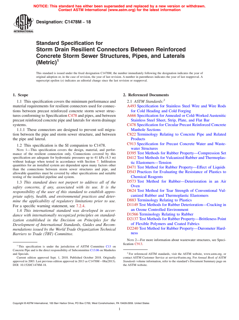 ASTM C1478M-18 - Standard Specification for  Storm Drain Resilient Connectors Between Reinforced Concrete  Storm Sewer Structures, Pipes, and Laterals (Metric)