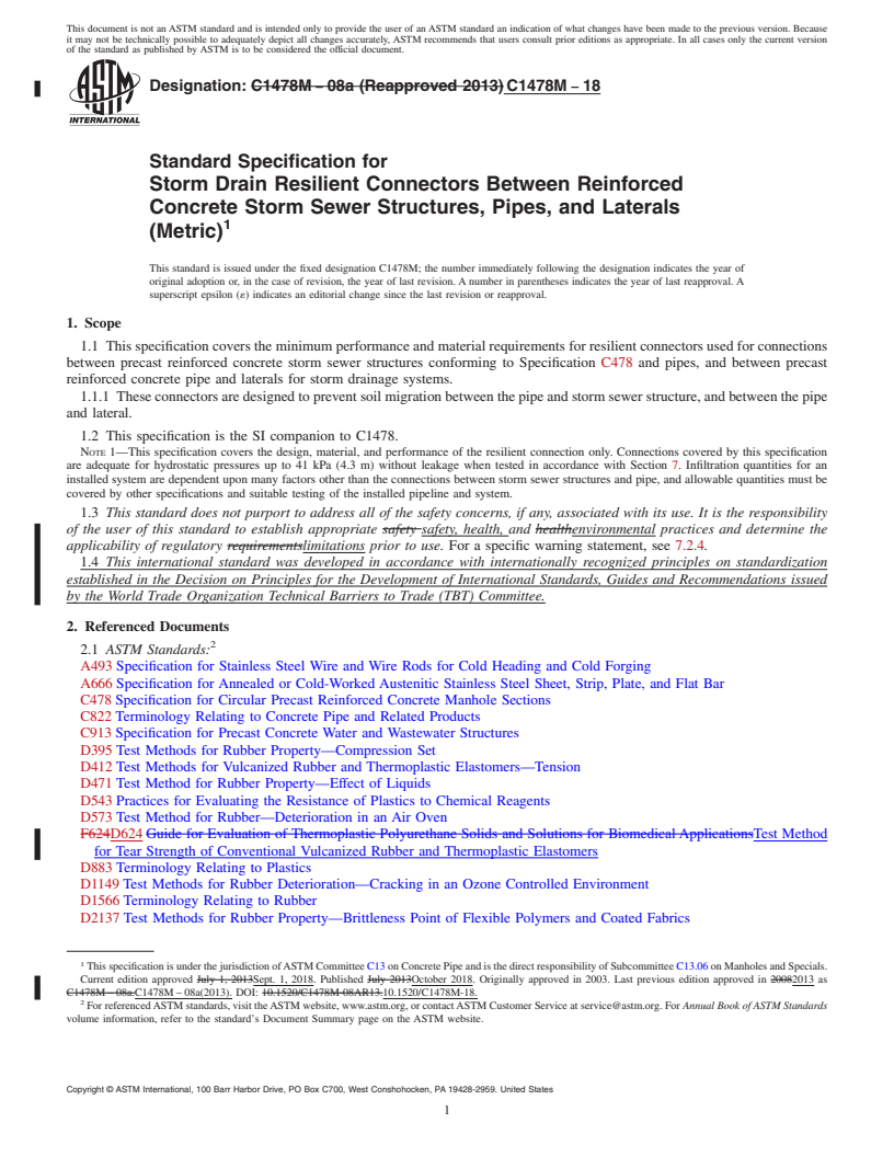 REDLINE ASTM C1478M-18 - Standard Specification for  Storm Drain Resilient Connectors Between Reinforced Concrete  Storm Sewer Structures, Pipes, and Laterals (Metric)