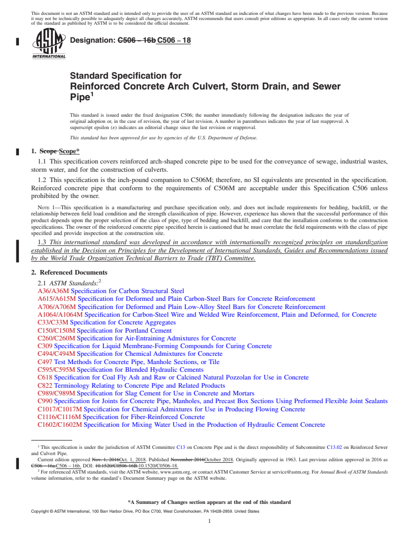 REDLINE ASTM C506-18 - Standard Specification for  Reinforced Concrete Arch Culvert, Storm Drain, and Sewer Pipe