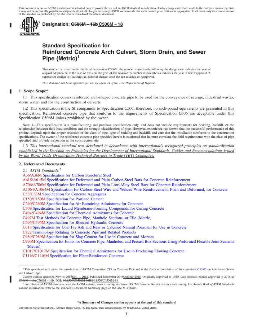 REDLINE ASTM C506M-18 - Standard Specification for Reinforced Concrete Arch Culvert, Storm Drain, and Sewer Pipe  (Metric)