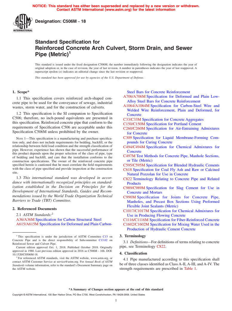 ASTM C506M-18 - Standard Specification for Reinforced Concrete Arch Culvert, Storm Drain, and Sewer Pipe  (Metric)