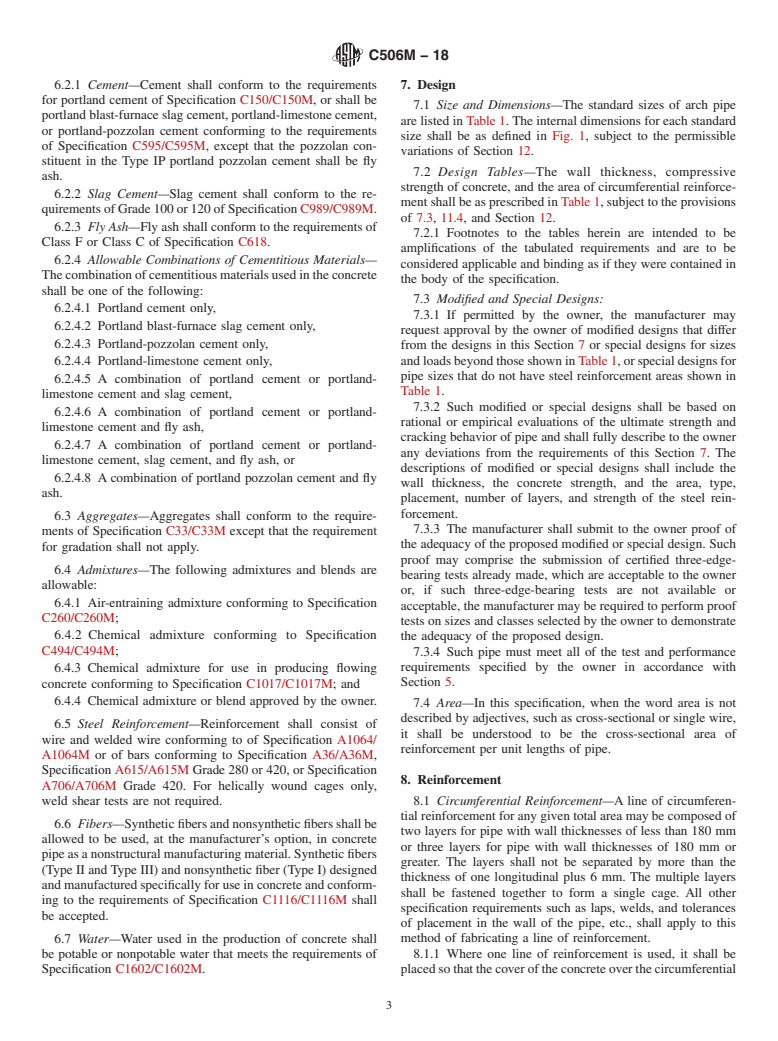 ASTM C506M-18 - Standard Specification for Reinforced Concrete Arch Culvert, Storm Drain, and Sewer Pipe  (Metric)