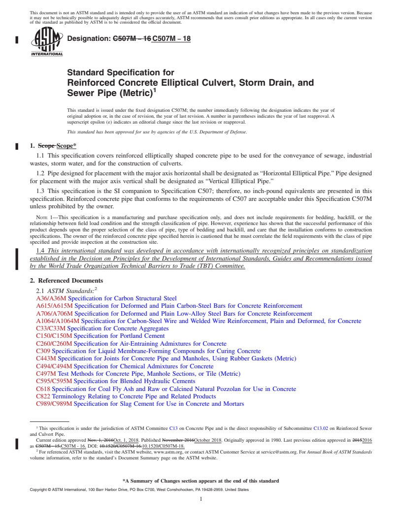 REDLINE ASTM C507M-18 - Standard Specification for Reinforced Concrete Elliptical Culvert, Storm Drain, and Sewer  Pipe (Metric)