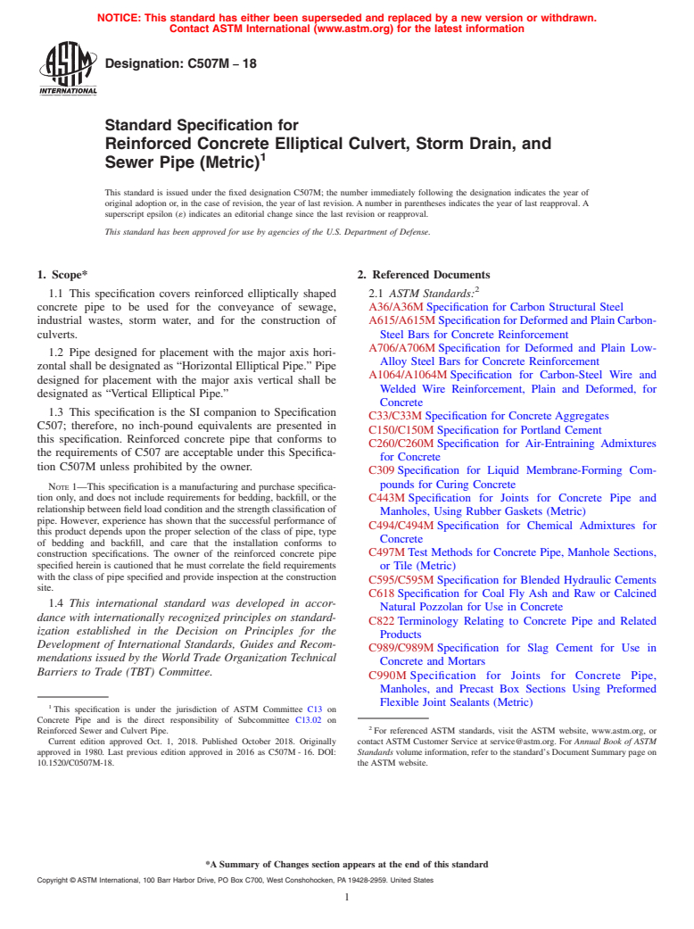 ASTM C507M-18 - Standard Specification for Reinforced Concrete Elliptical Culvert, Storm Drain, and Sewer  Pipe (Metric)