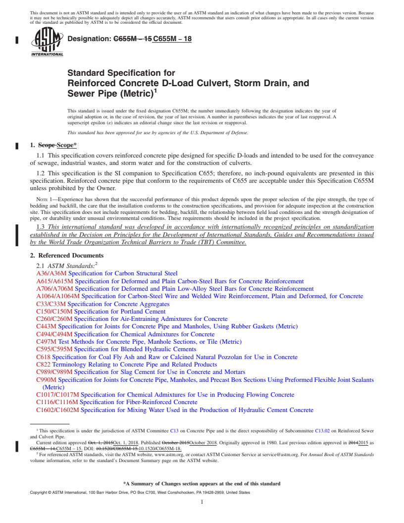 REDLINE ASTM C655M-18 - Standard Specification for  Reinforced Concrete D-Load Culvert, Storm Drain, and Sewer  Pipe (Metric)