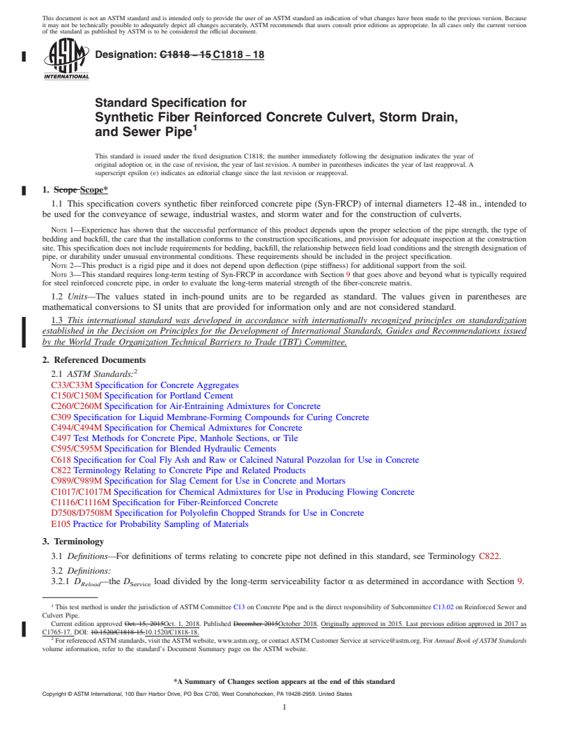 REDLINE ASTM C1818-18 - Standard Specification for Synthetic Fiber Reinforced Concrete Culvert, Storm Drain, and  Sewer Pipe