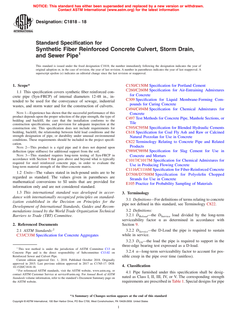 ASTM C1818-18 - Standard Specification for Synthetic Fiber Reinforced Concrete Culvert, Storm Drain, and  Sewer Pipe