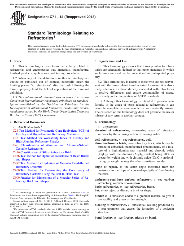 ASTM C71-12(2018) - Standard Terminology Relating to  Refractories