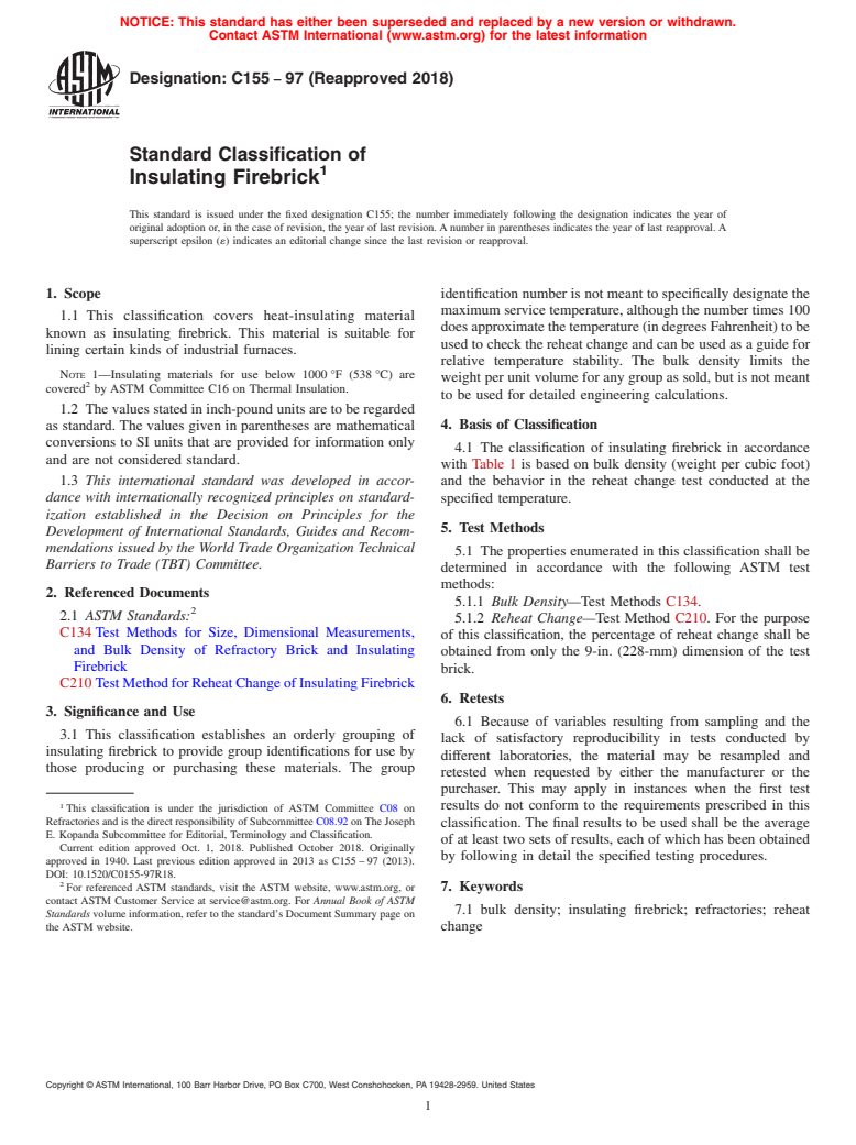 ASTM C155-97(2018) - Standard Classification of  Insulating Firebrick