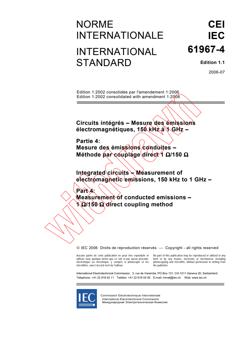 IEC 61967-4:2002+AMD1:2006 CSV - Integrated circuits - Measurement of electromagnetic emissions, 150 kHz to 1 GHz - Part 4: Measurement of conducted emissions - 1 Ω/150 Ω direct coupling method
Released:7/27/2006
Isbn:2831885809