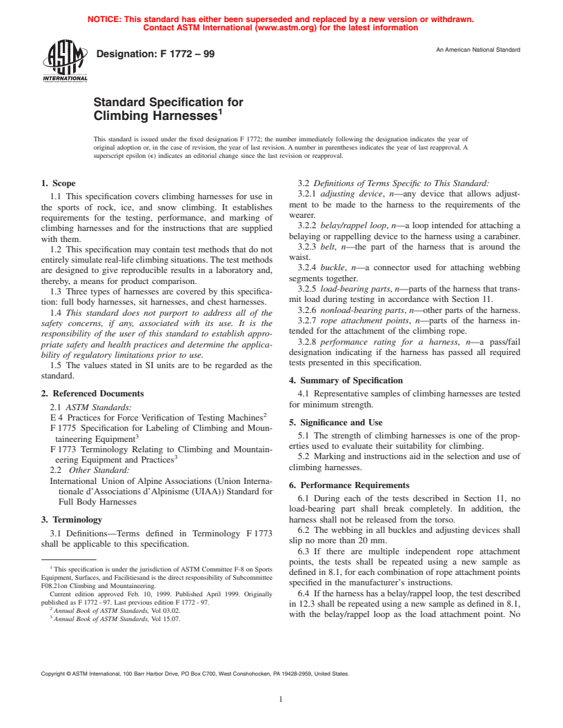 ASTM F1772-99 - Standard Specification for Climbing Harnesses