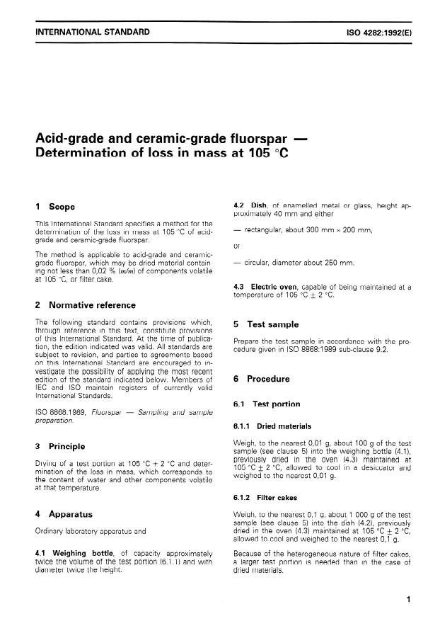 ISO 4282:1992 - Acid-grade and ceramic-grade fluorspar -- Determination of loss in mass at 105 degrees C