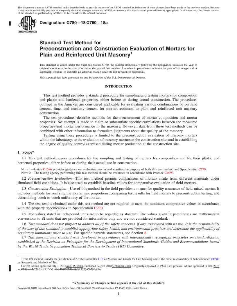 REDLINE ASTM C780-18a - Standard Test Method for Preconstruction and Construction Evaluation of Mortars for  Plain and Reinforced Unit Masonry