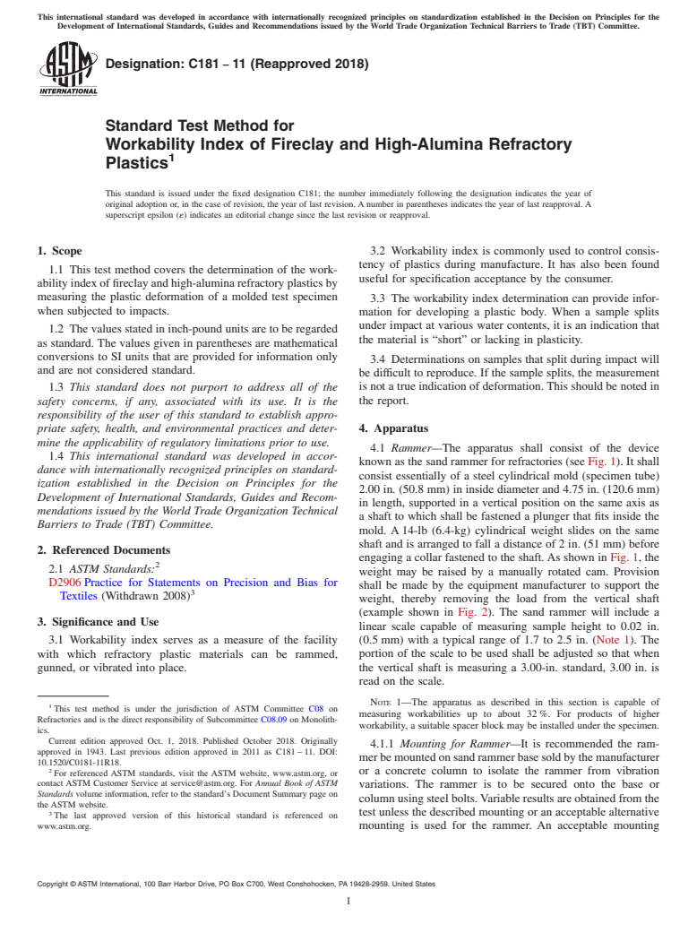 ASTM C181-11(2018) - Standard Test Method for  Workability Index of Fireclay and High-Alumina Refractory Plastics