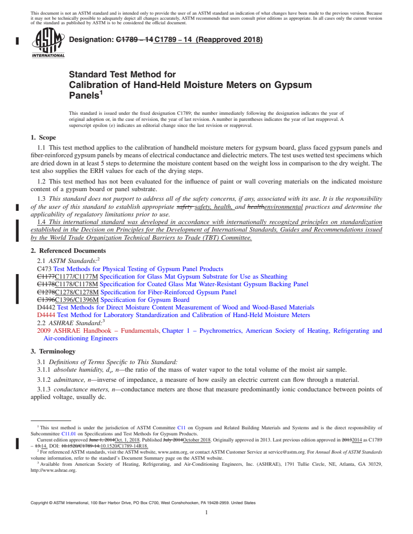 REDLINE ASTM C1789-14(2018) - Standard Test Method for Calibration of Hand-Held Moisture Meters on Gypsum Panels