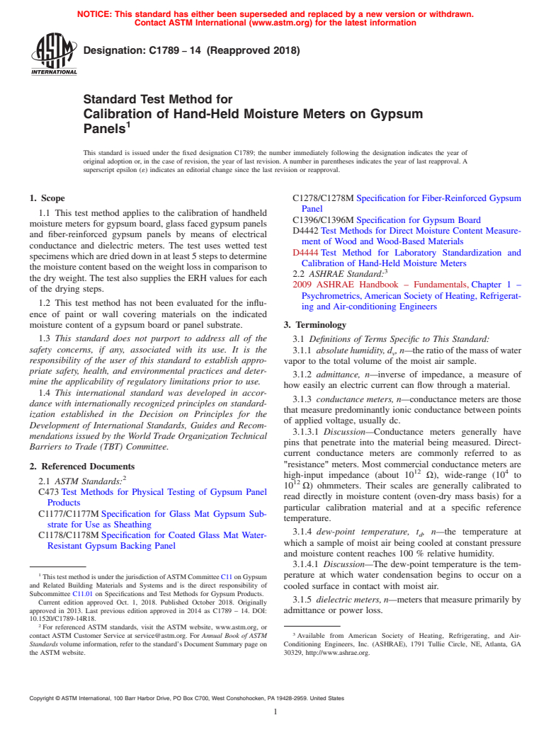 ASTM C1789-14(2018) - Standard Test Method for Calibration of Hand-Held Moisture Meters on Gypsum Panels