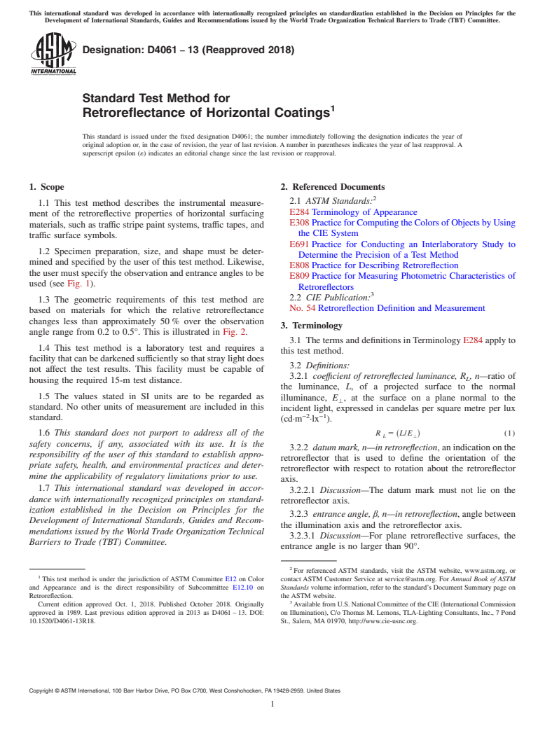 ASTM D4061-13(2018) - Standard Test Method for Retroreflectance of Horizontal Coatings