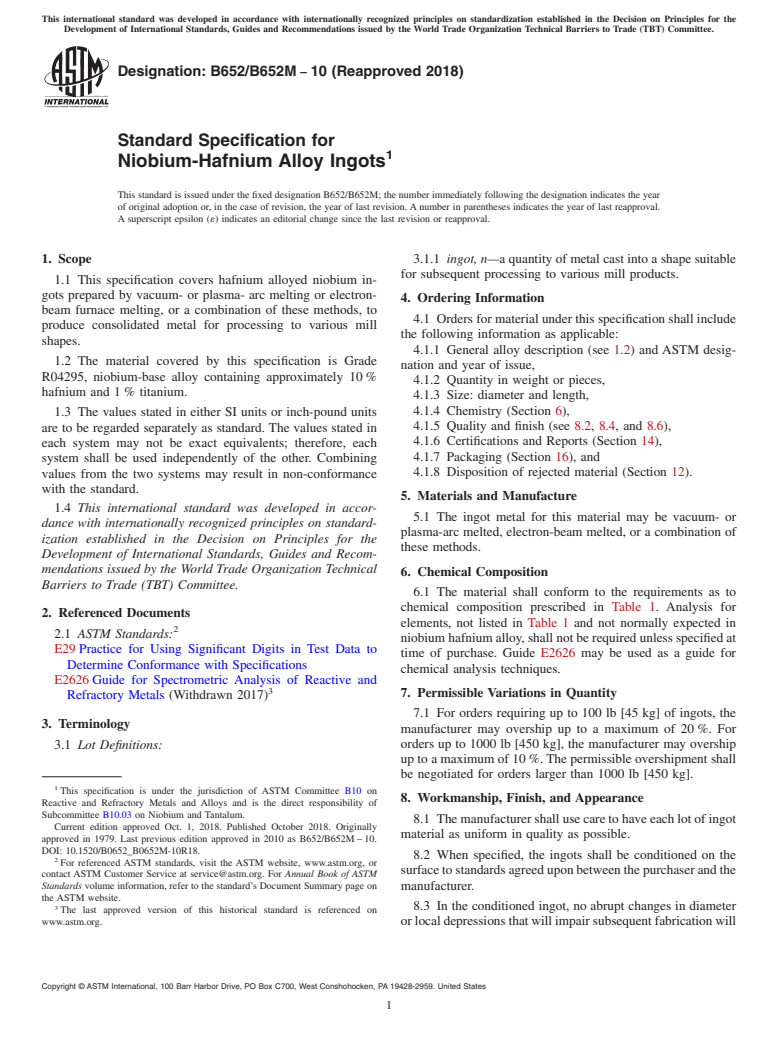 ASTM B652/B652M-10(2018) - Standard Specification for Niobium-Hafnium Alloy Ingots