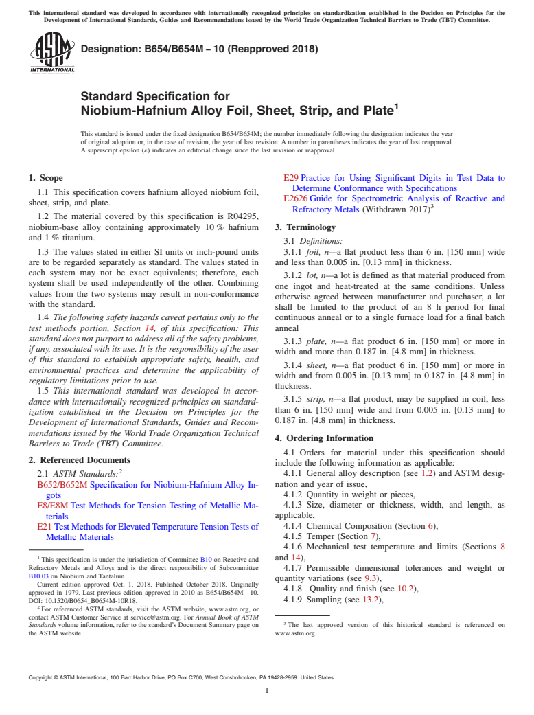 ASTM B654/B654M-10(2018) - Standard Specification for Niobium-Hafnium Alloy Foil, Sheet, Strip, and Plate