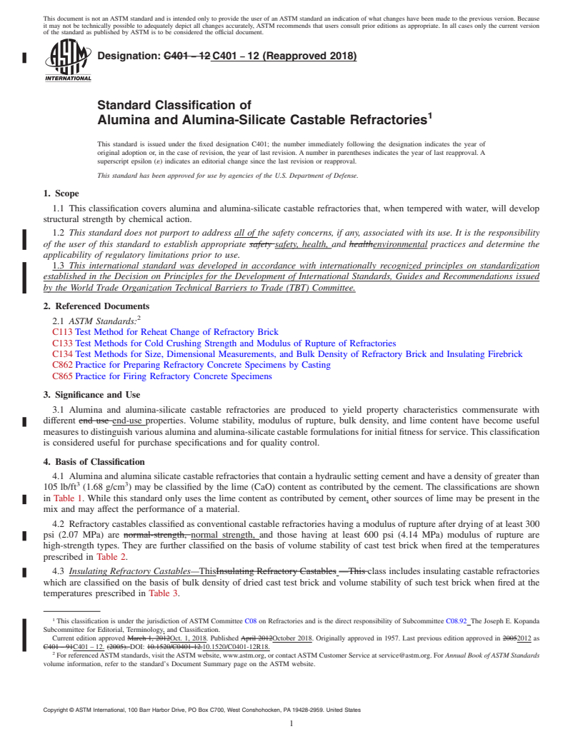 REDLINE ASTM C401-12(2018) - Standard Classification of  Alumina and Alumina-Silicate Castable Refractories