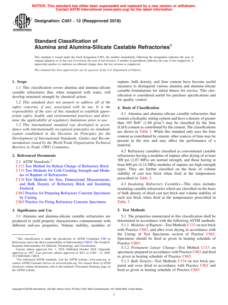 ASTM C401-12(2018) - Standard Classification of  Alumina and Alumina-Silicate Castable Refractories