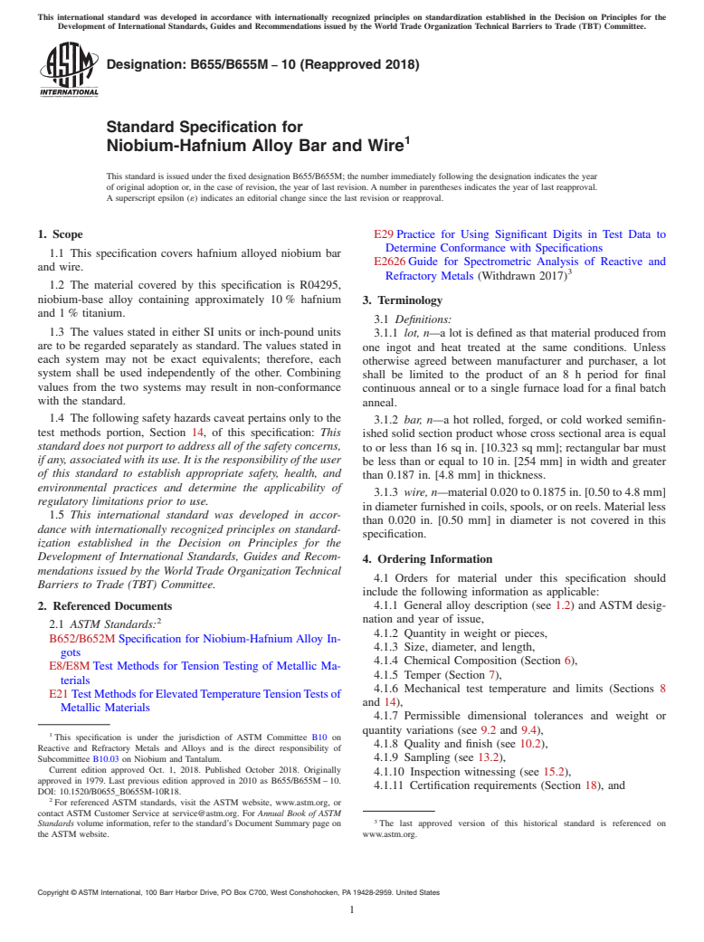 ASTM B655/B655M-10(2018) - Standard Specification for Niobium-Hafnium Alloy Bar and Wire