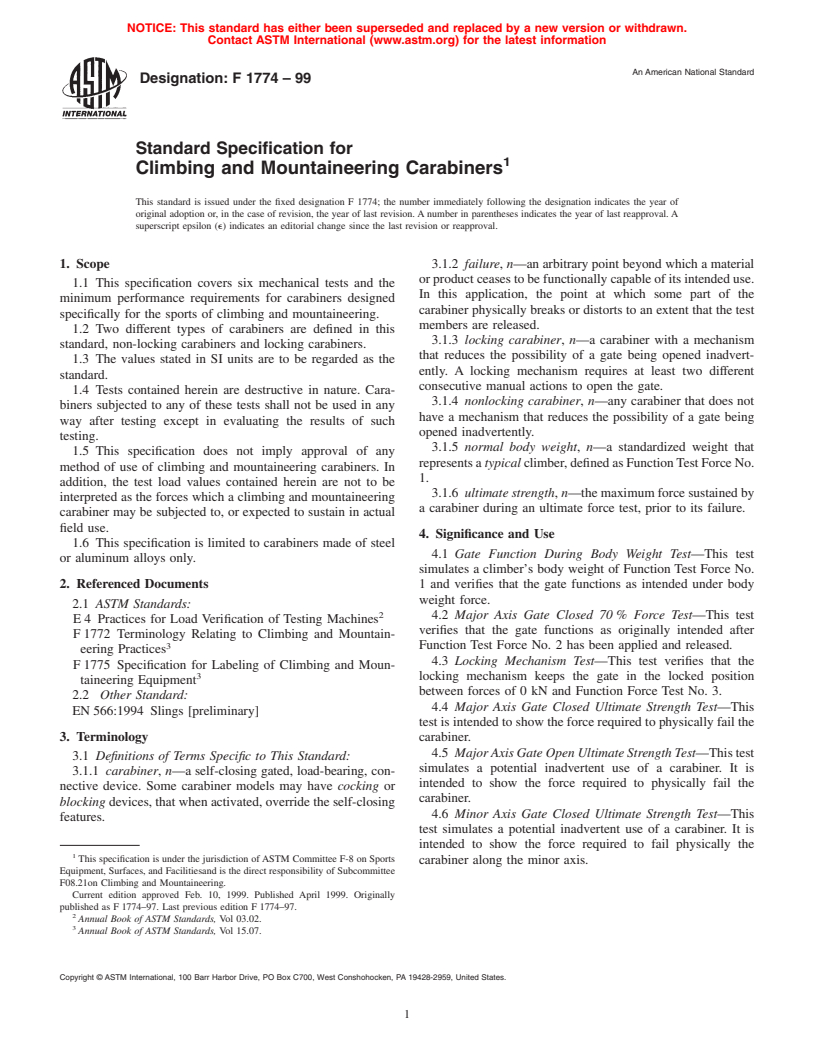 ASTM F1774-99 - Standard Specification for Climbing and Mountaineering Carabiners