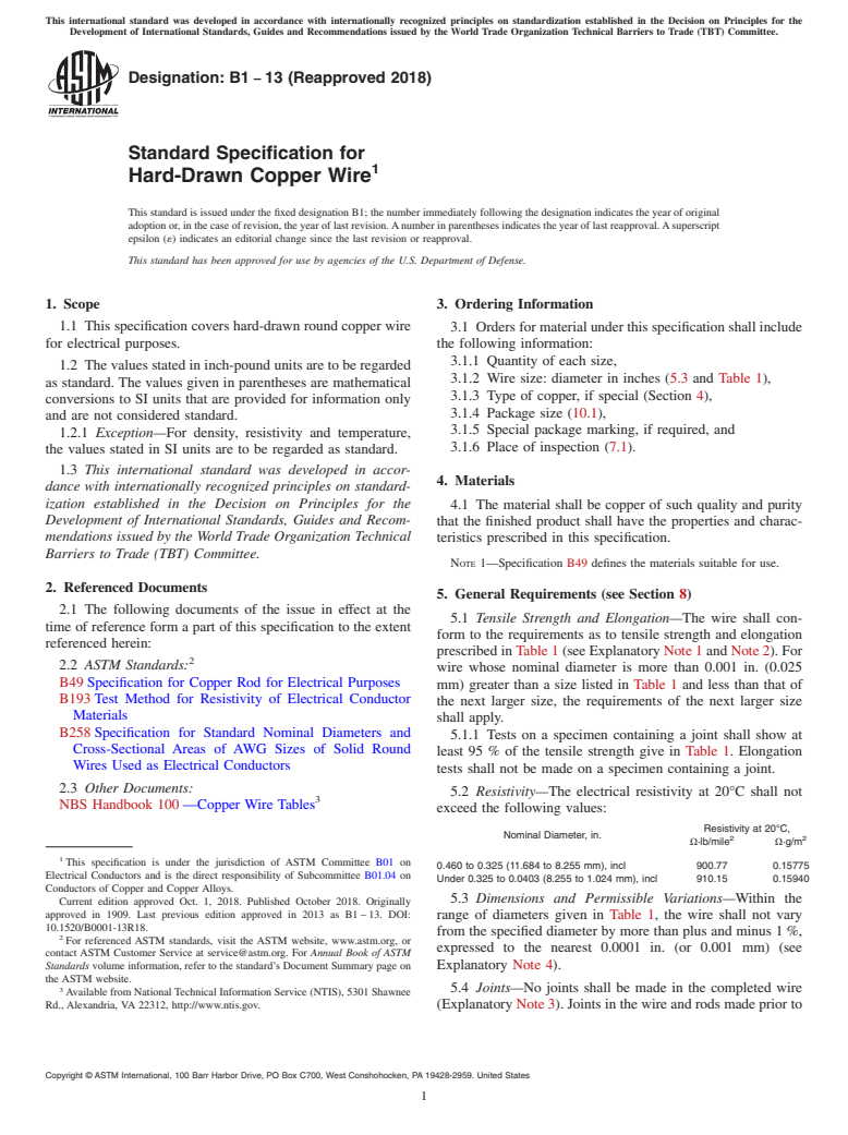 ASTM B1-13(2018) - Standard Specification for Hard-Drawn Copper Wire