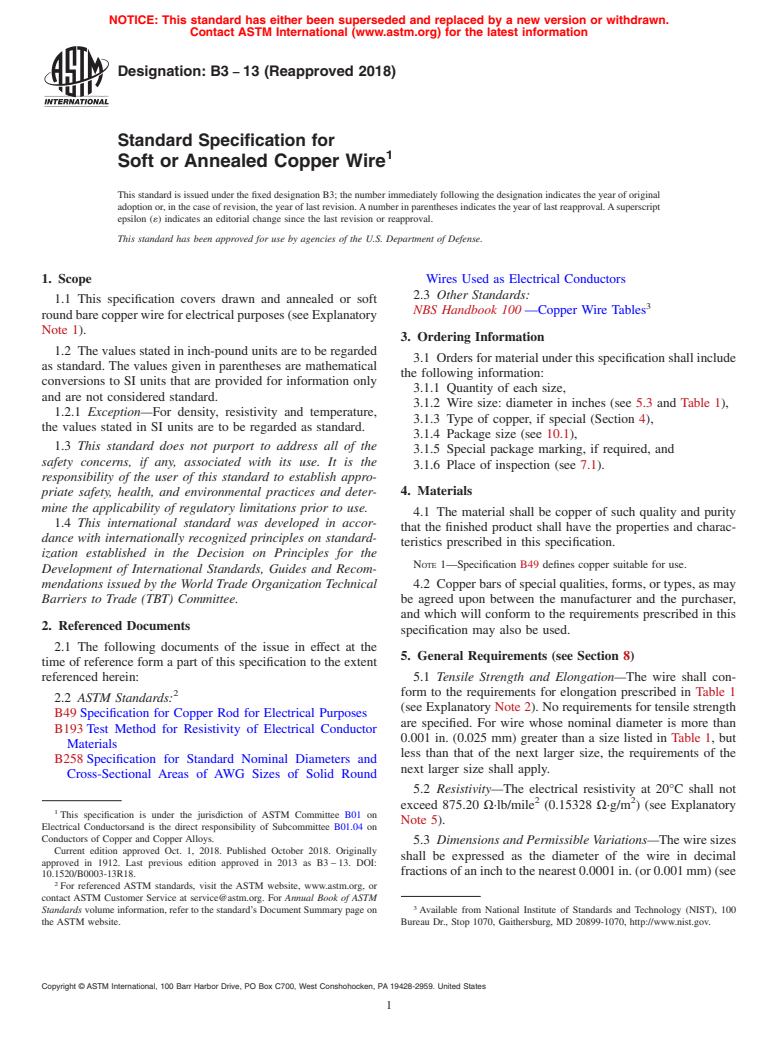 ASTM B3-13(2018) - Standard Specification for Soft or Annealed Copper Wire