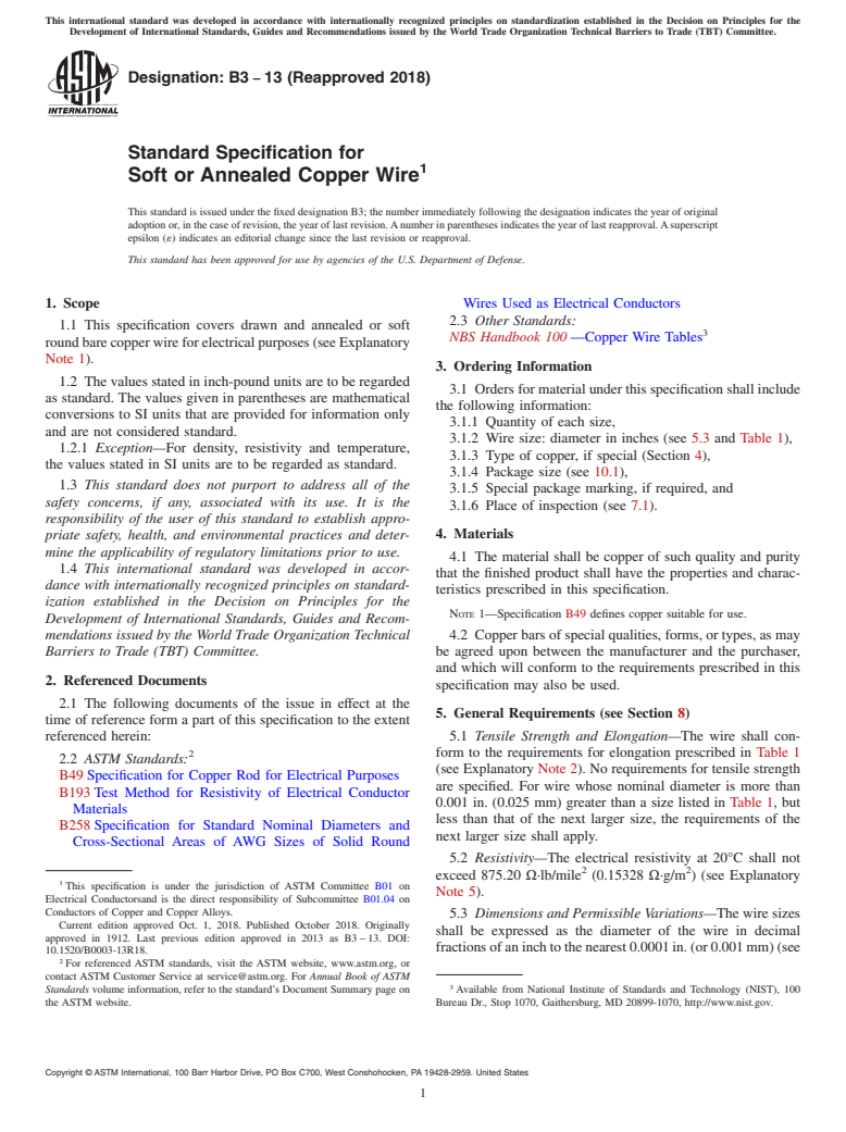 ASTM B3-13(2018) - Standard Specification for Soft or Annealed Copper Wire