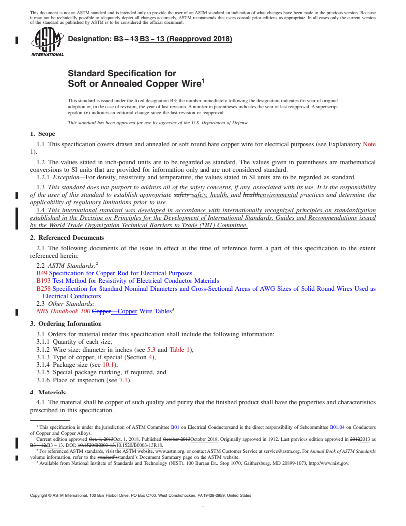 REDLINE ASTM B3-13(2018) - Standard Specification for Soft or Annealed Copper Wire