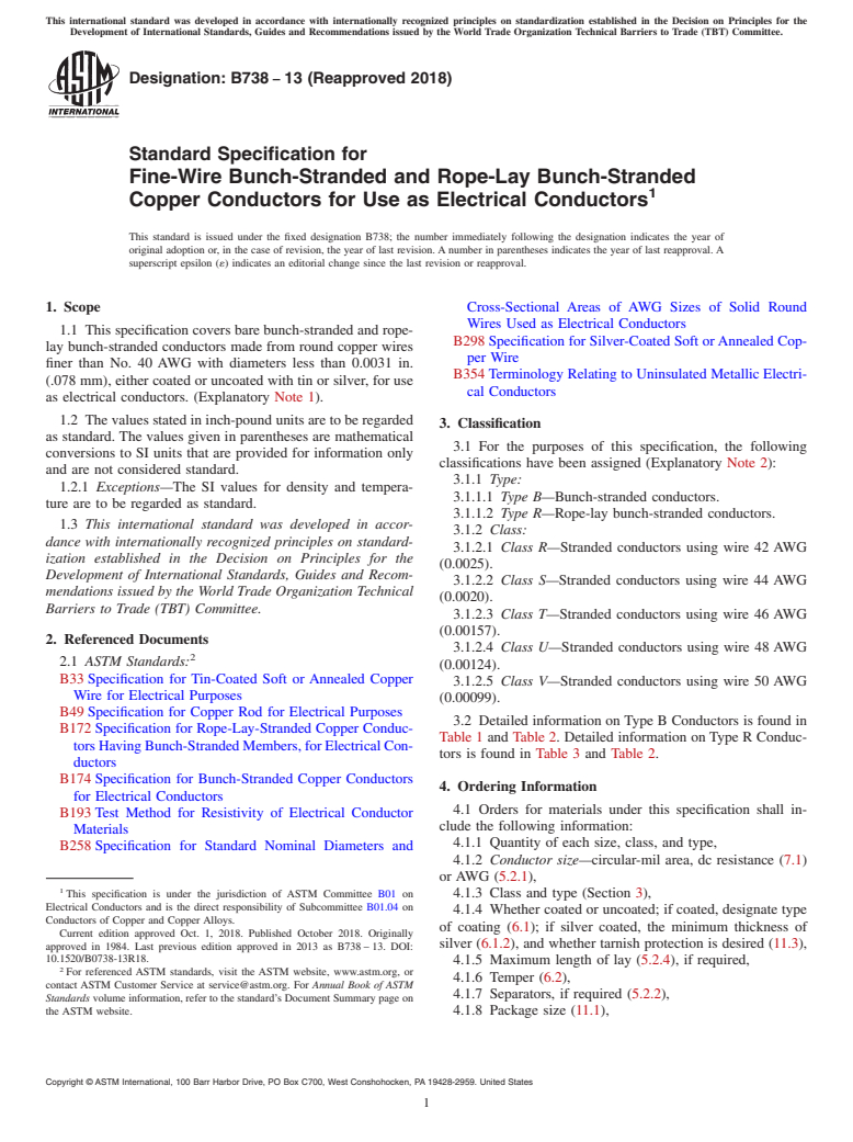 ASTM B738-13(2018) - Standard Specification for Fine-Wire Bunch-Stranded and Rope-Lay Bunch-Stranded Copper   Conductors for Use as Electrical Conductors