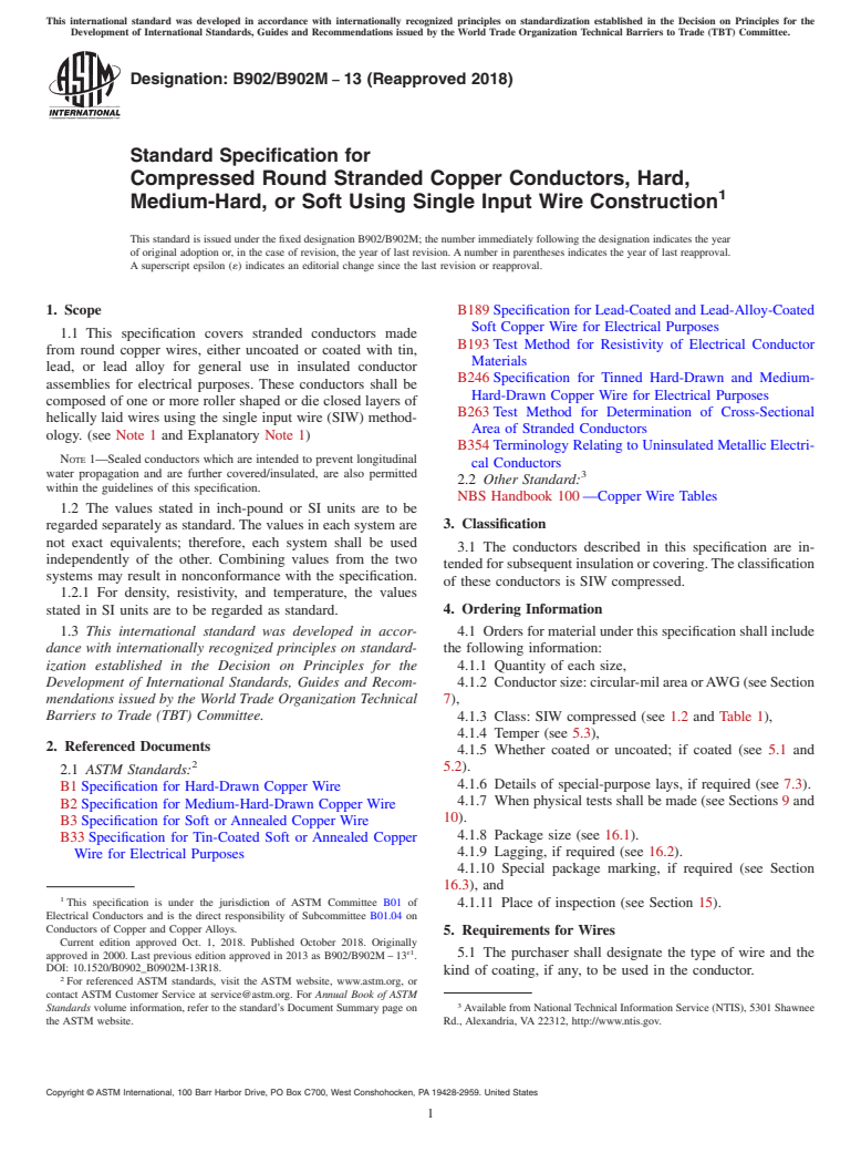 ASTM B902/B902M-13(2018) - Standard Specification for Compressed Round Stranded Copper Conductors, Hard, Medium-Hard,   or Soft Using Single Input Wire Construction