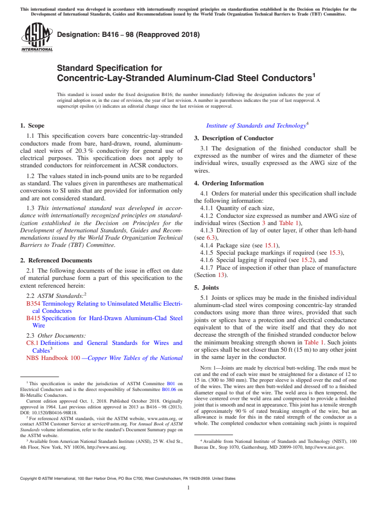 ASTM B416-98(2018) - Standard Specification for Concentric-Lay-Stranded Aluminum-Clad Steel Conductors