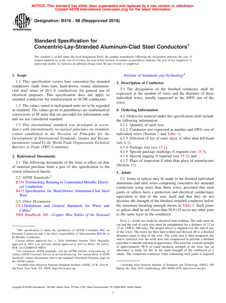 ASTM B416-98(2018) - Standard Specification for Concentric-Lay-Stranded Aluminum-Clad Steel Conductors