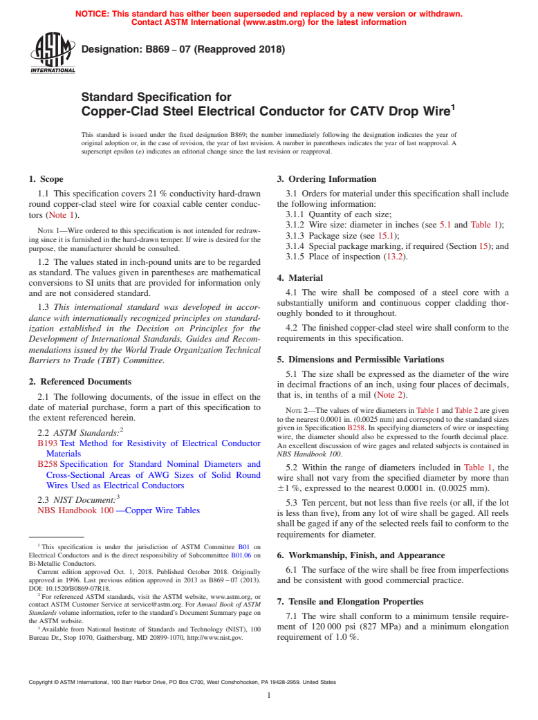 ASTM B869-07(2018) - Standard Specification for Copper-Clad Steel Electrical Conductor for CATV Drop Wire