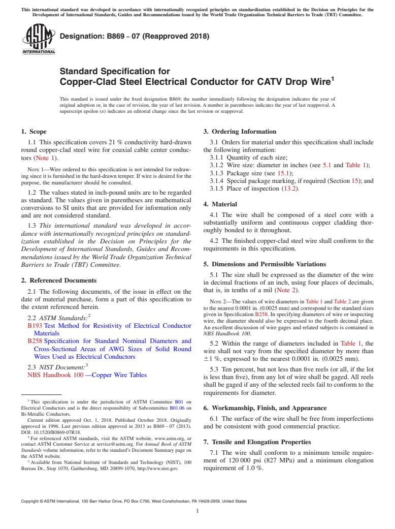 ASTM B869-07(2018) - Standard Specification for Copper-Clad Steel Electrical Conductor for CATV Drop Wire