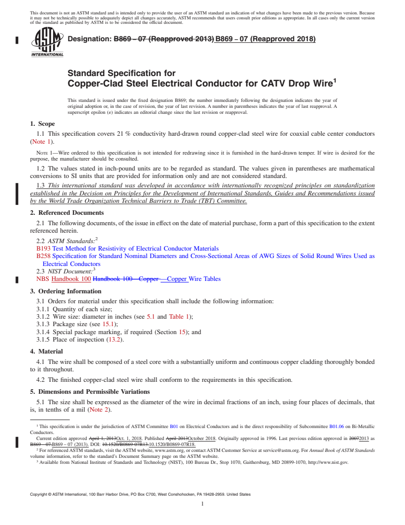 REDLINE ASTM B869-07(2018) - Standard Specification for Copper-Clad Steel Electrical Conductor for CATV Drop Wire