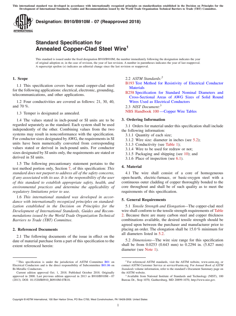 ASTM B910/B910M-07(2018) - Standard Specification for Annealed Copper-Clad Steel Wire