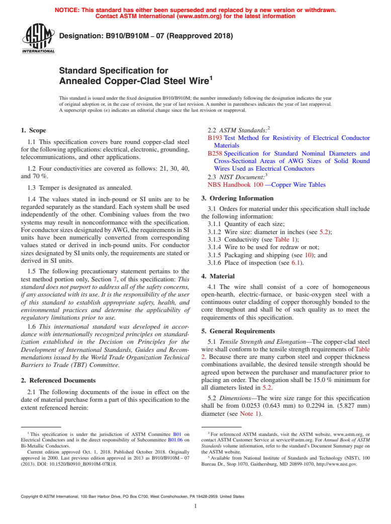 ASTM B910/B910M-07(2018) - Standard Specification for Annealed Copper-Clad Steel Wire