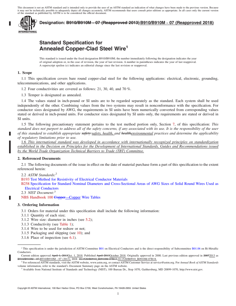 REDLINE ASTM B910/B910M-07(2018) - Standard Specification for Annealed Copper-Clad Steel Wire