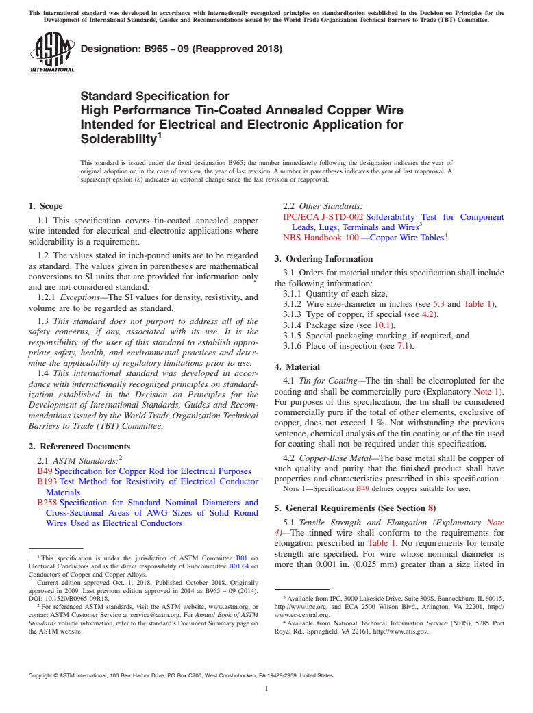 ASTM B965-09(2018) - Standard Specification for High Performance Tin-Coated Annealed Copper Wire Intended for  Electrical and Electronic Application for Solderability