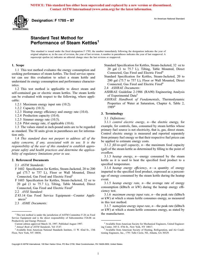 ASTM F1785-97 - Standard Test Method for Performance of Steam Kettles