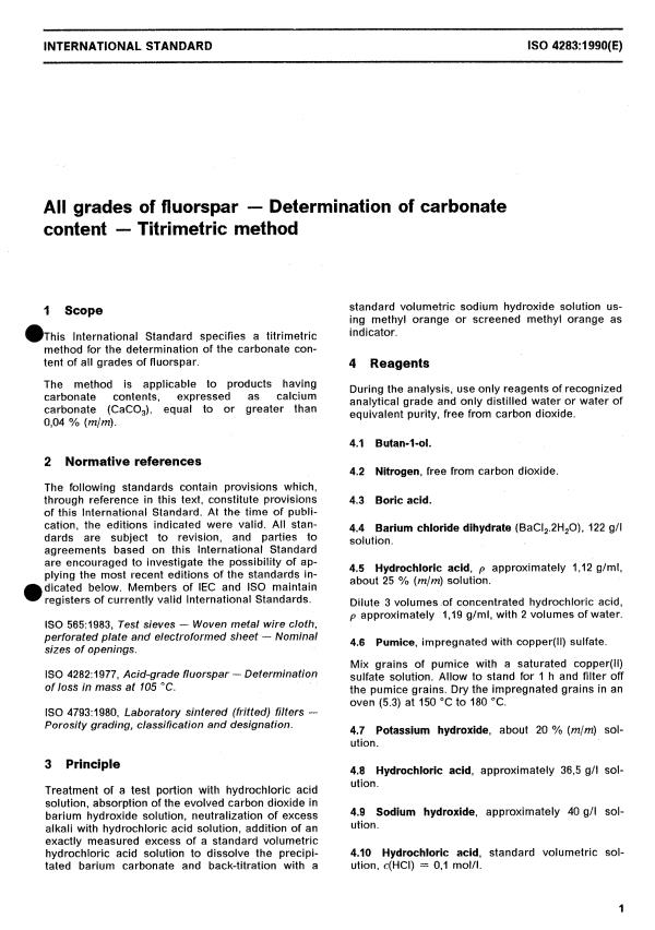 ISO 4283:1990 - All grades of fluorspar -- Determination of carbonate content -- Titrimetric method