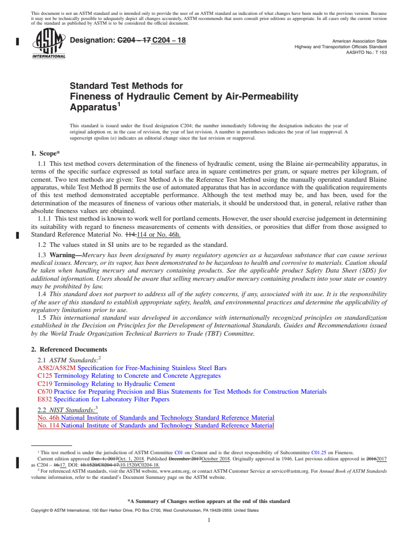 REDLINE ASTM C204-18 - Standard Test Methods for  Fineness of Hydraulic Cement by Air-Permeability Apparatus