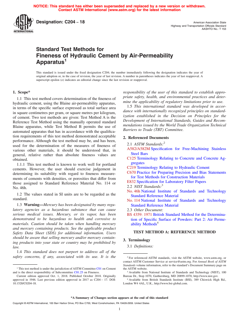 ASTM C204-18 - Standard Test Methods for  Fineness of Hydraulic Cement by Air-Permeability Apparatus