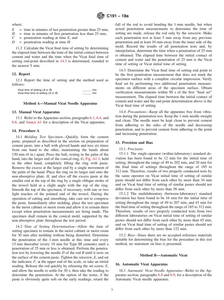 ASTM C191-18a - Standard Test Methods for Time of Setting of Hydraulic Cement by Vicat Needle