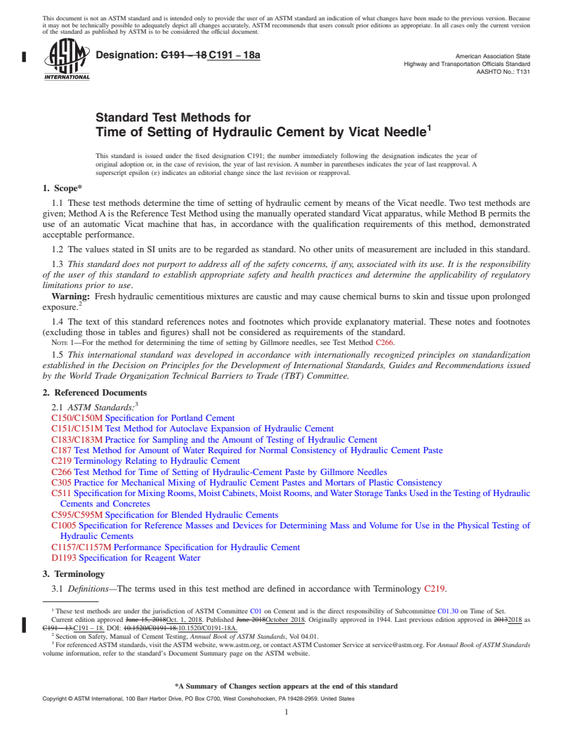 REDLINE ASTM C191-18a - Standard Test Methods for Time of Setting of Hydraulic Cement by Vicat Needle